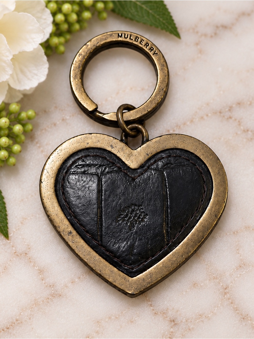 MULBERRY BRASS/LEATHER HEART KEY RING/BAG CHARM